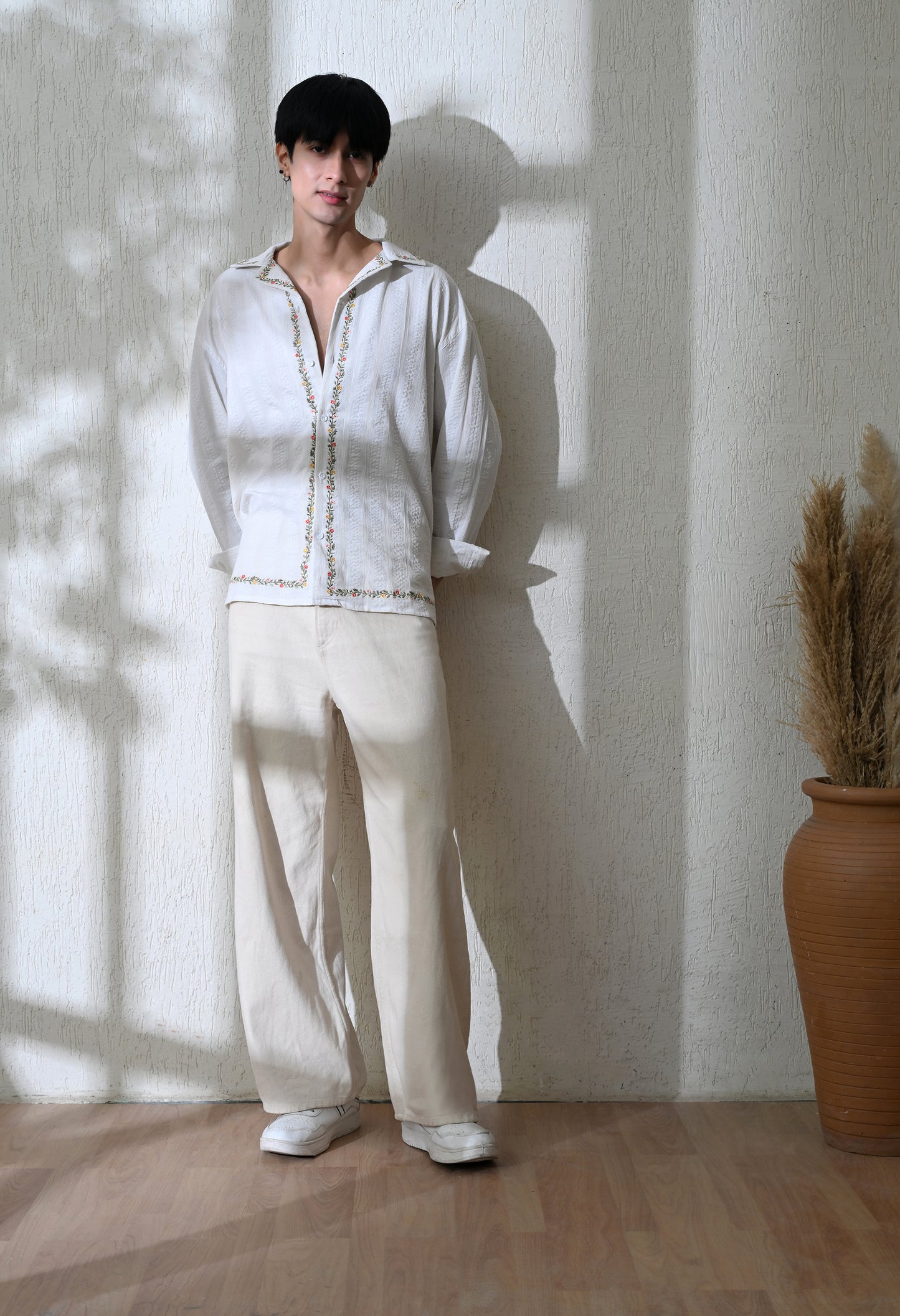 Men White Edge Floral Embroidered Shirt