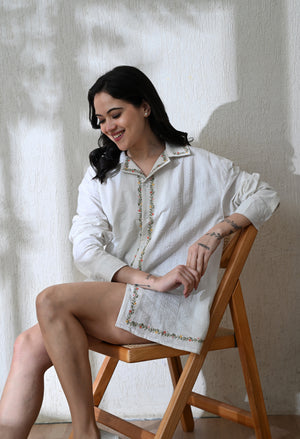 Women White Edge Floral Embroidered Shirt