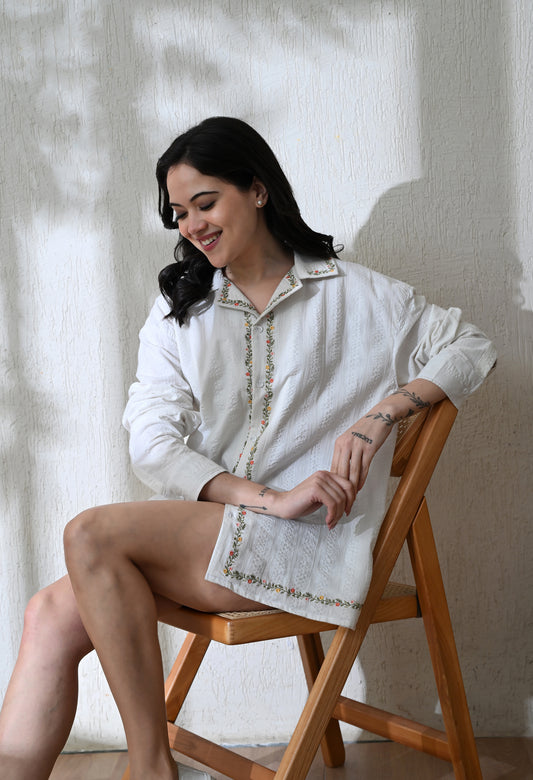 White Edge Floral Embroidered Shirt