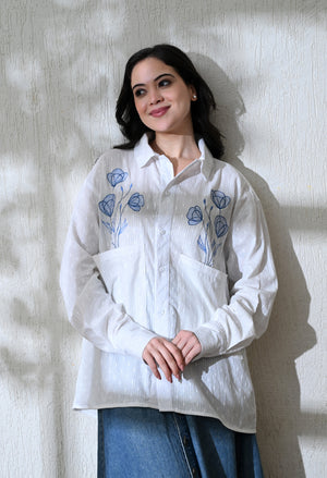 Women White Blue Blossom Embroidered Shirt