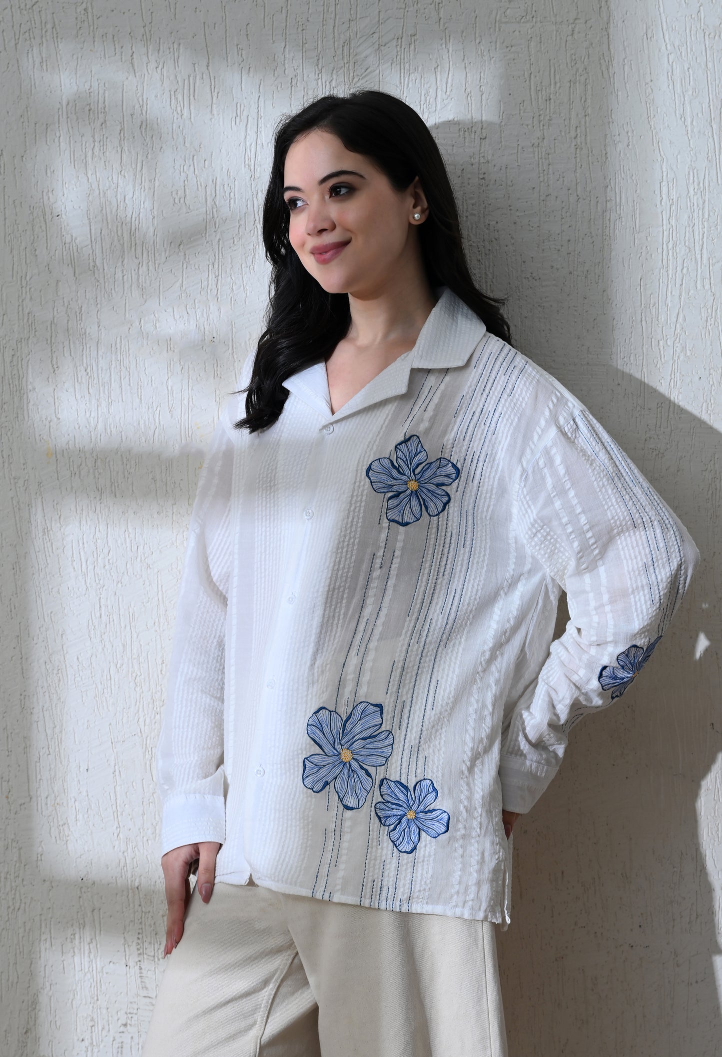 White Aqua Petals Embroidered Shirt