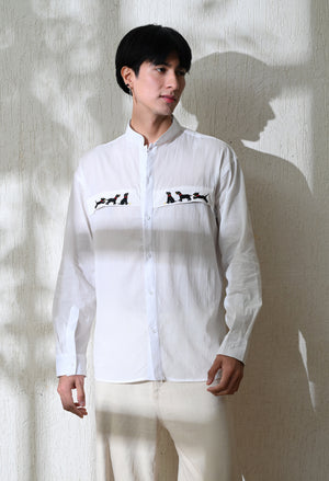 Men White Dog Chase Embroidered Shirt