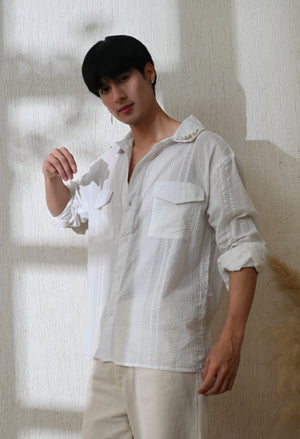 Men White Spring Bloom Embroidered Shirt