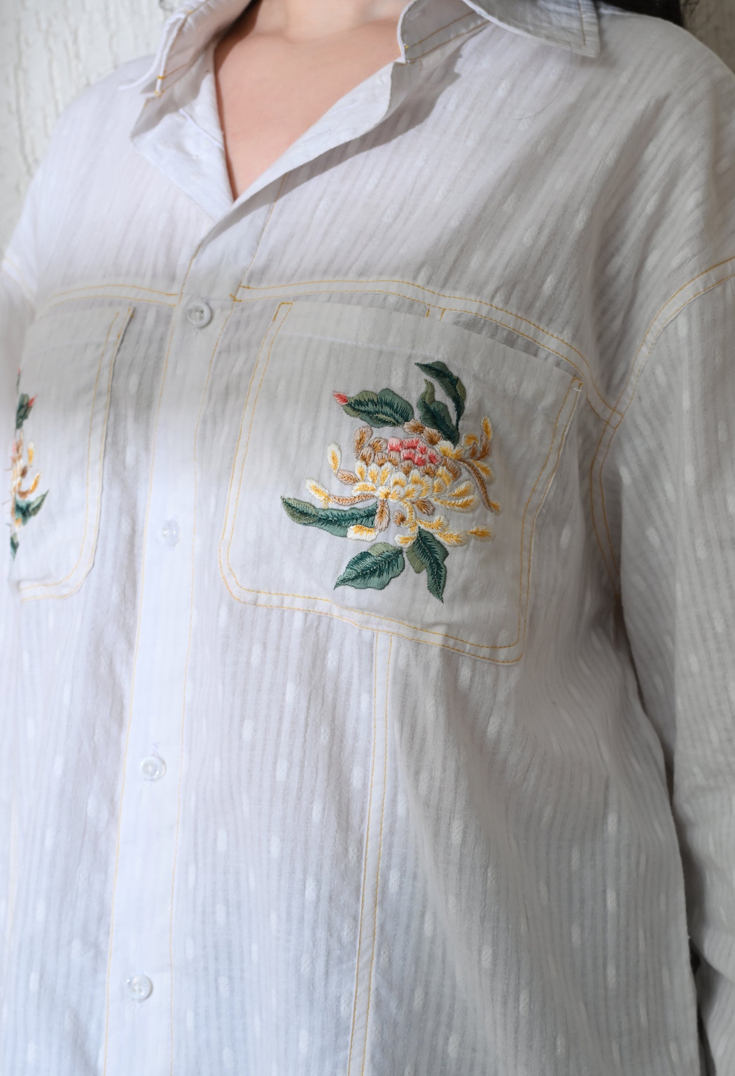 White Pocket Blossom Embroidered Shirt