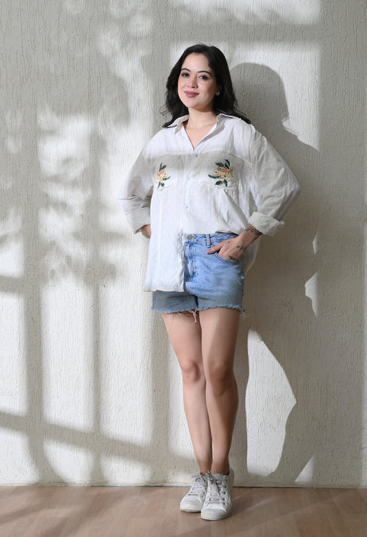 White Pocket Blossom Embroidered Shirt