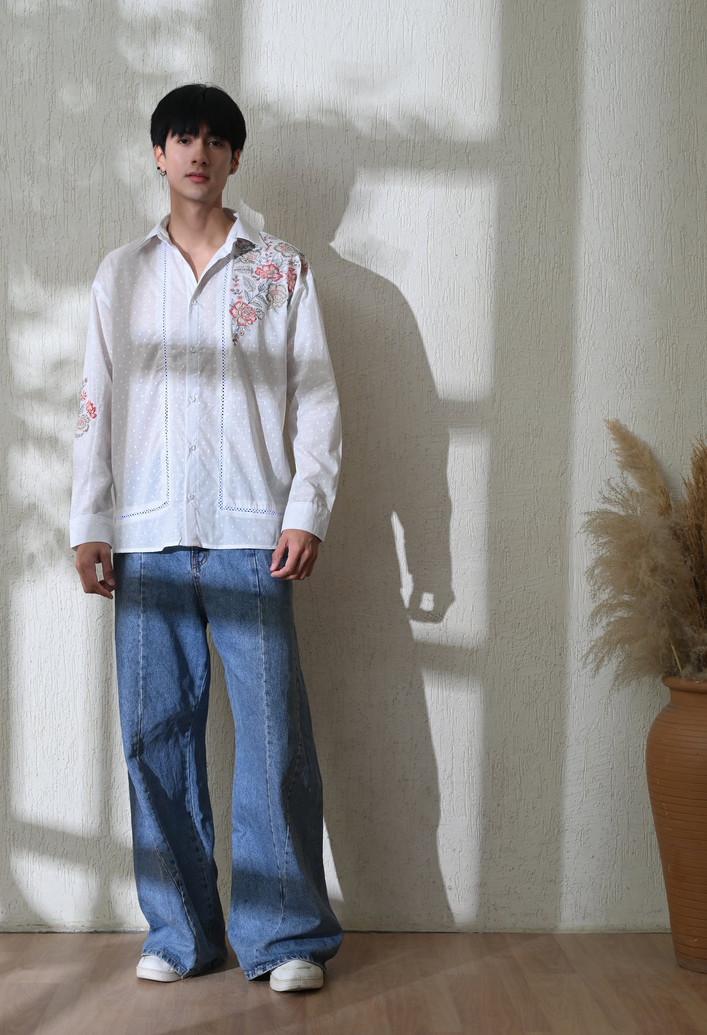 White Floral Chintz Embroidered Shirt