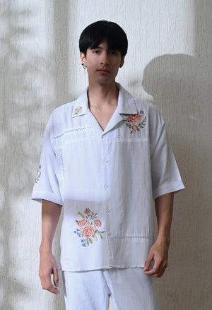 Men White Floral Breeze Lace Embroidered Shirt