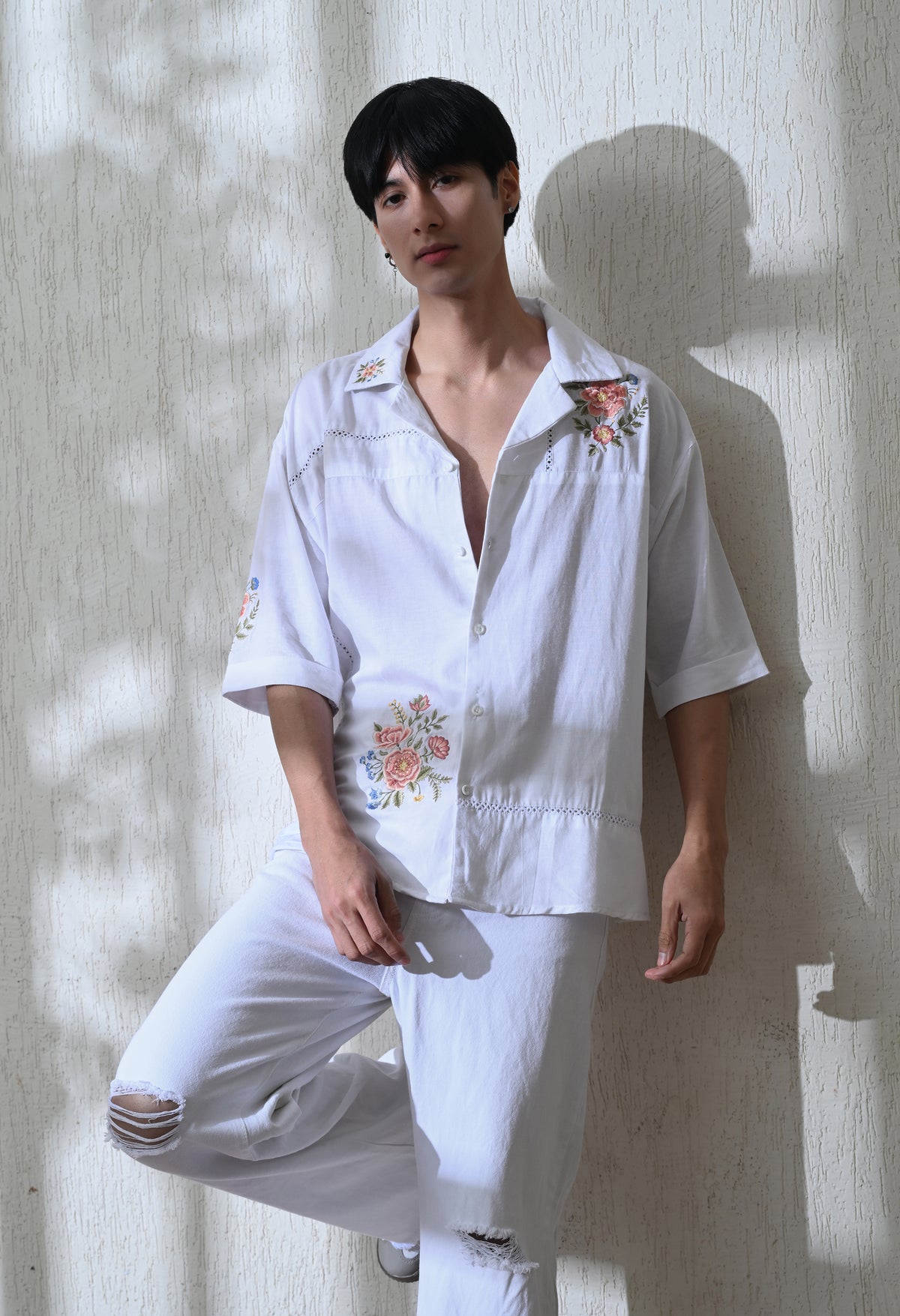 Men White Floral Breeze Lace Embroidered Shirt