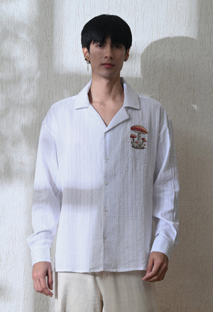 Men White Mushroom Tales Embroidered Shirt