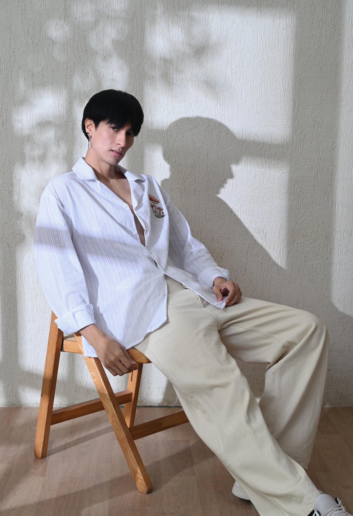 Men White Mushroom Tales Embroidered Shirt