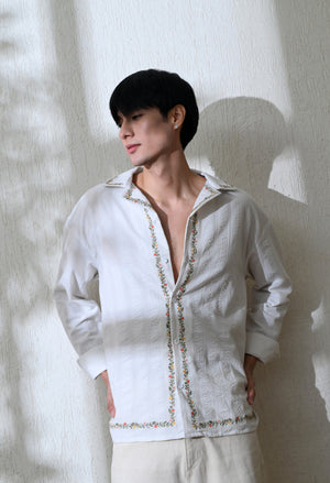 Men White Edge Floral Embroidered Shirt