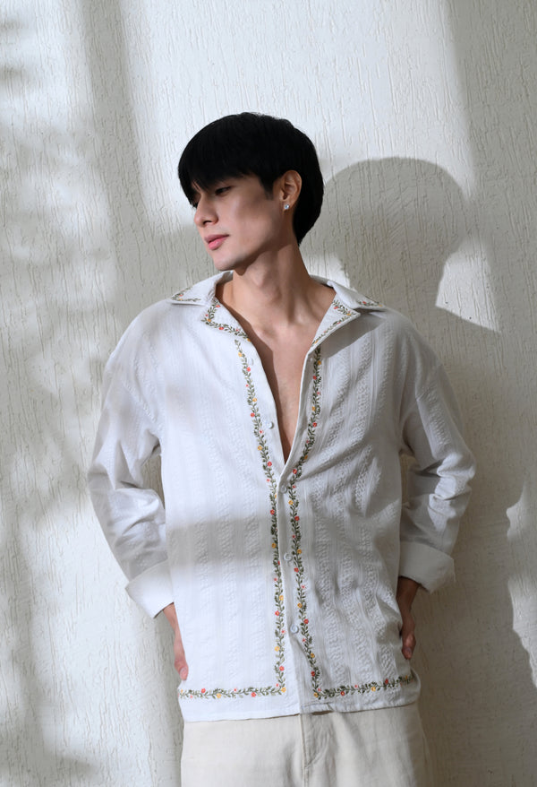 Men White Edge Floral Embroidered Shirt