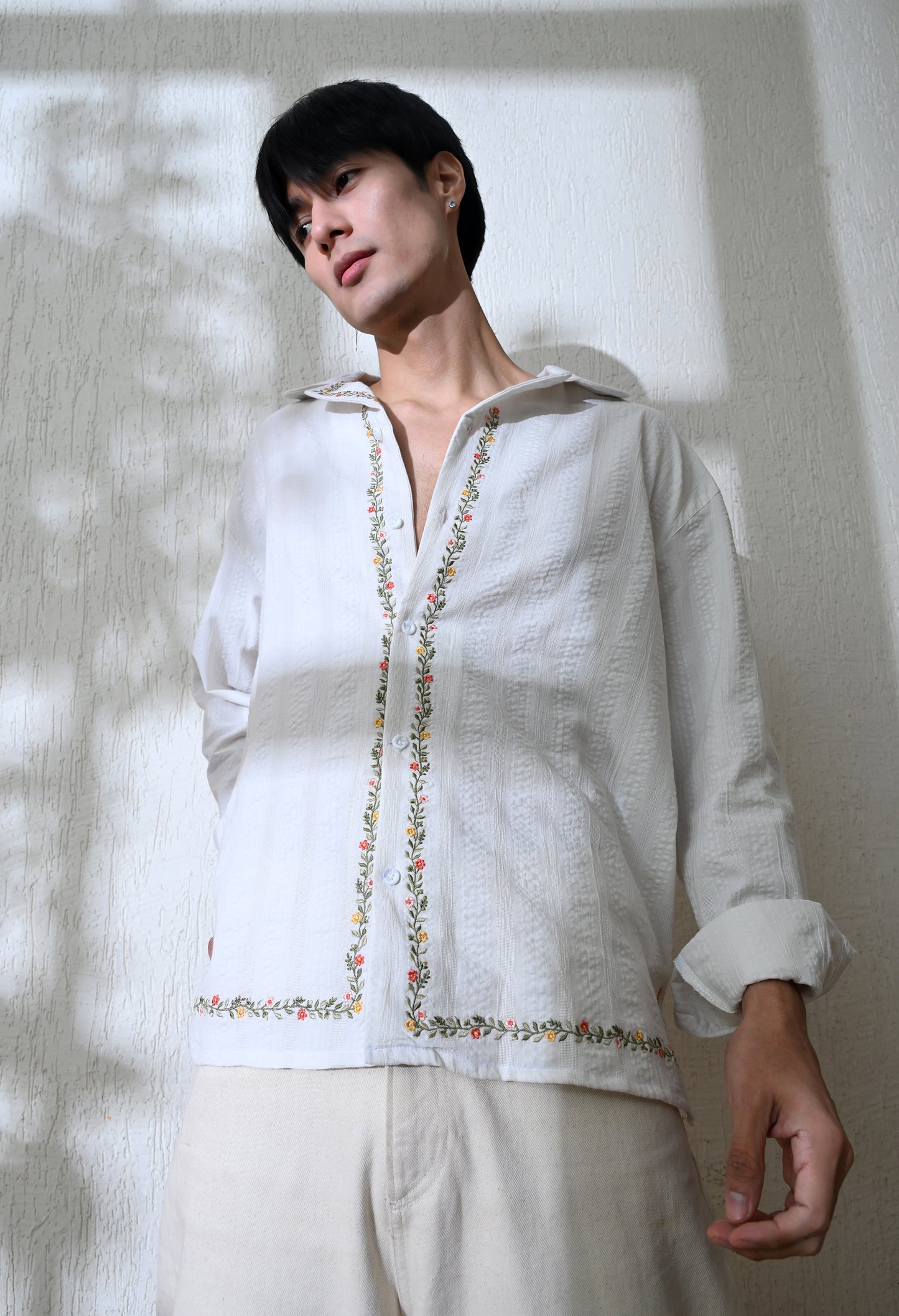 White Edge Floral Embroidered Shirt