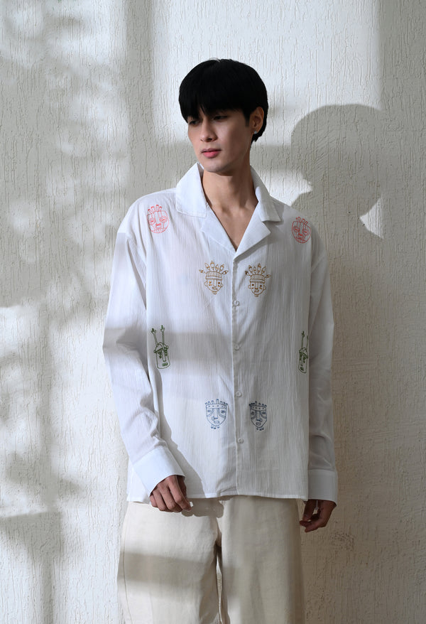 Men White Tribe Thread Embroidered Shirt
