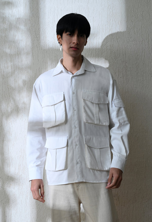 Men White Urban Safari Cargo Shirt