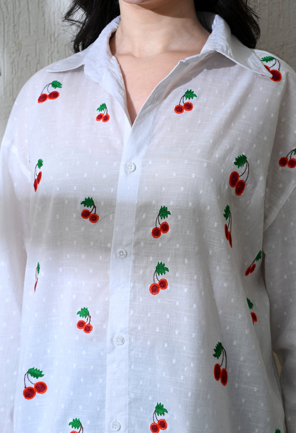 Women White Cherry Pop Embroidered Shirt alternate view