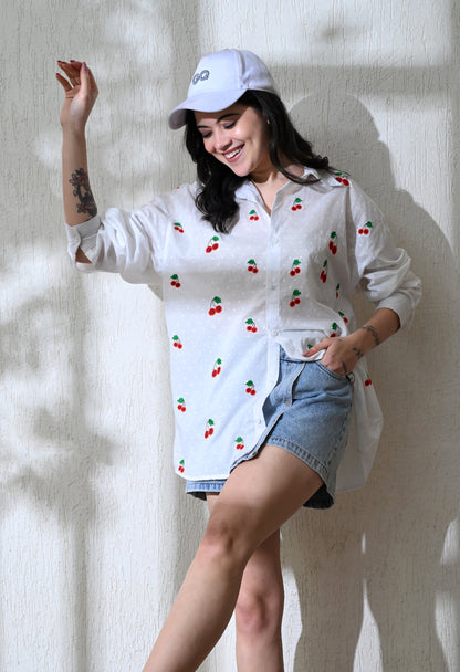 White Cherry Pop Embroidered Shirt