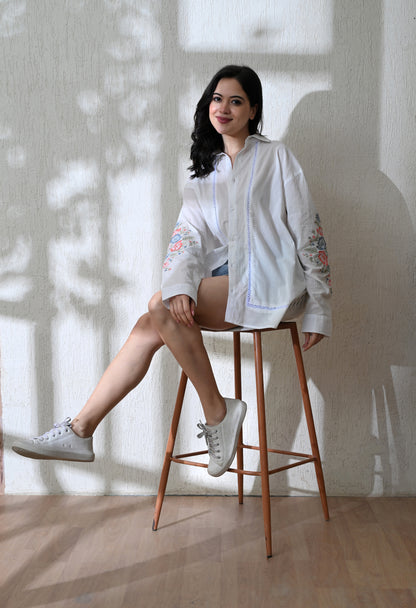 Women White Chintz Bloom Embroidered Shirt
