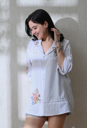 Women White Floral Breeze Lace Embroidered Shirt