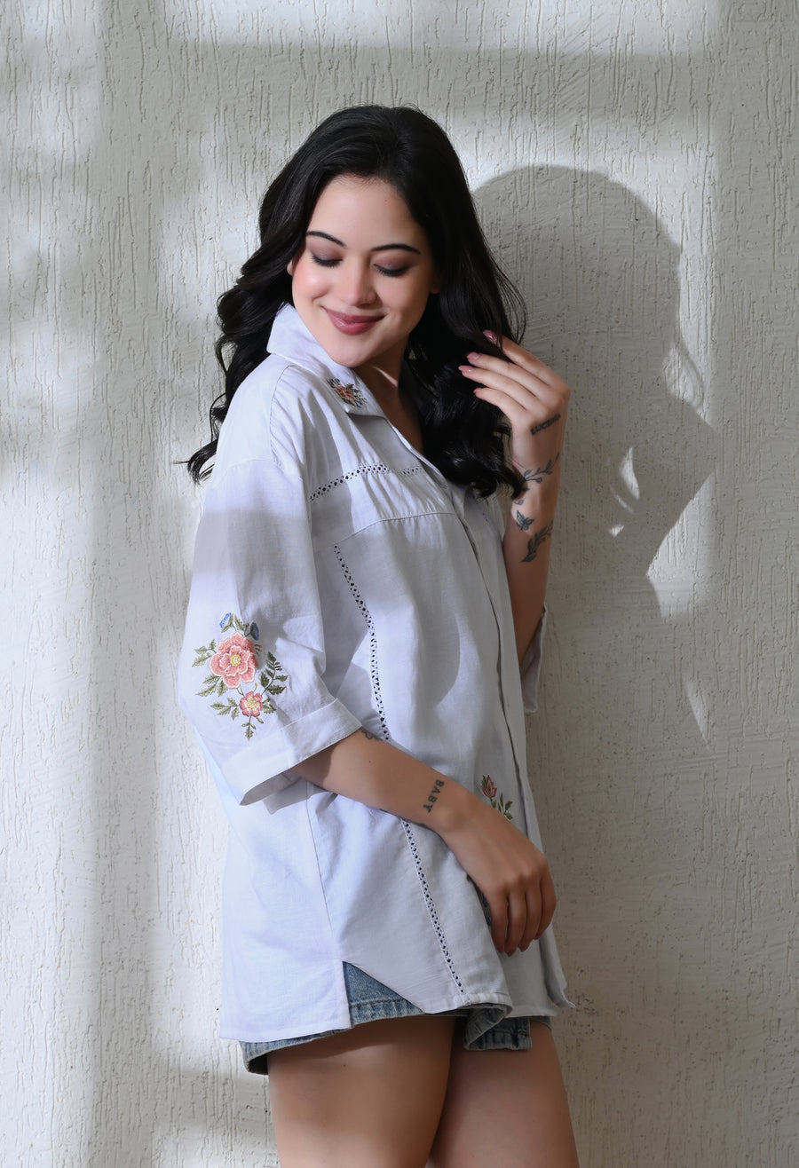 Women's Floral Breeze Lace embroidered shirt in white – La Moon