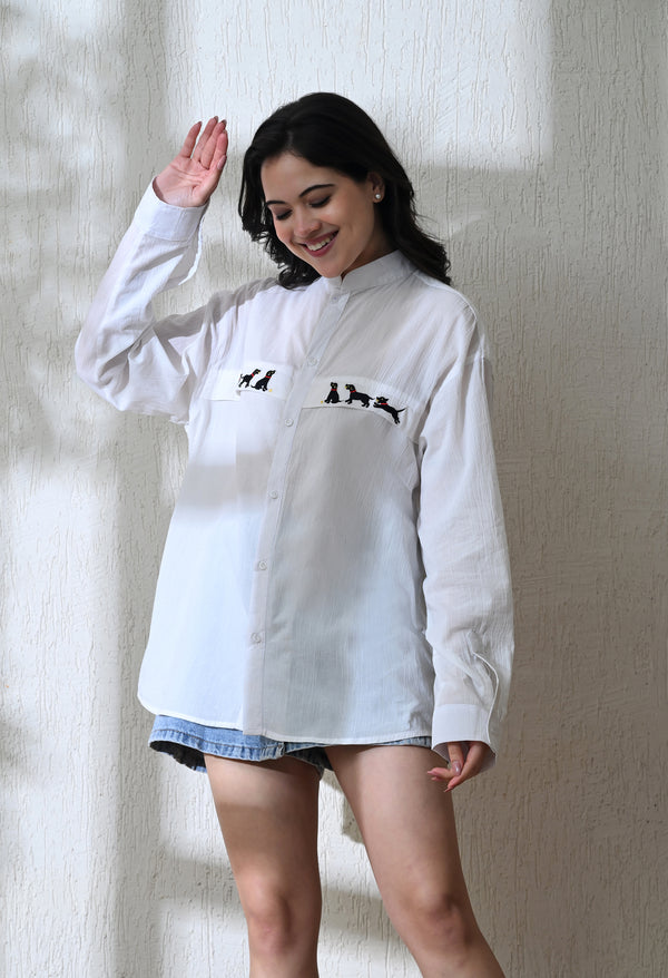 Women White Dog Chase Embroidered Shirt