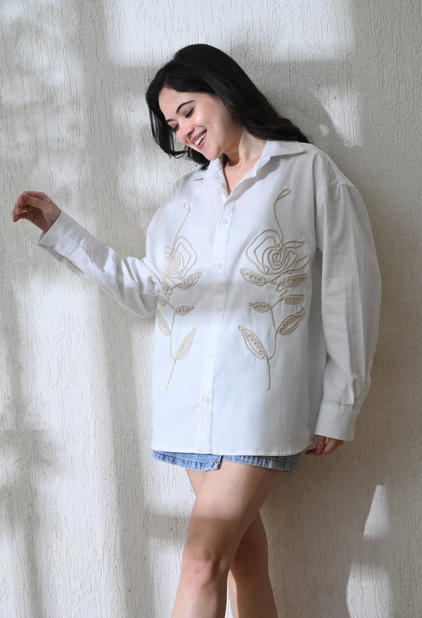 Women White Line Rose Embroidered Shirt