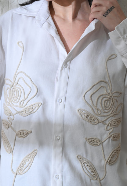 White Line Rose Embroidered Shirt