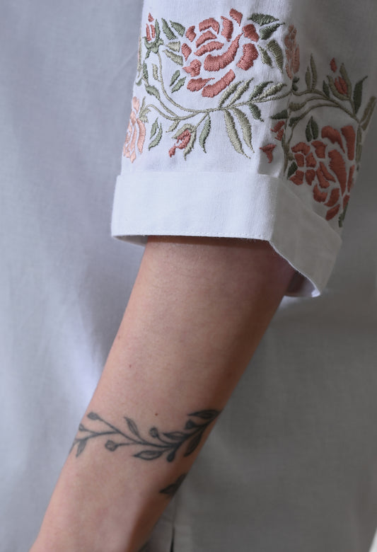 Men White Floral Breeze Lace Embroidered Shirt