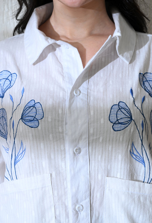 White Blue Blossom Embroidered Shirt
