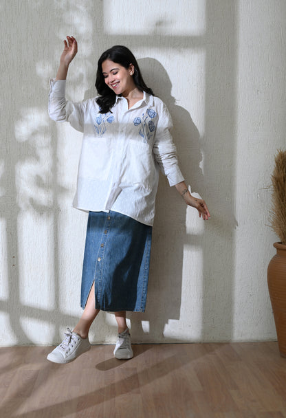White Blue Blossom Embroidered Shirt