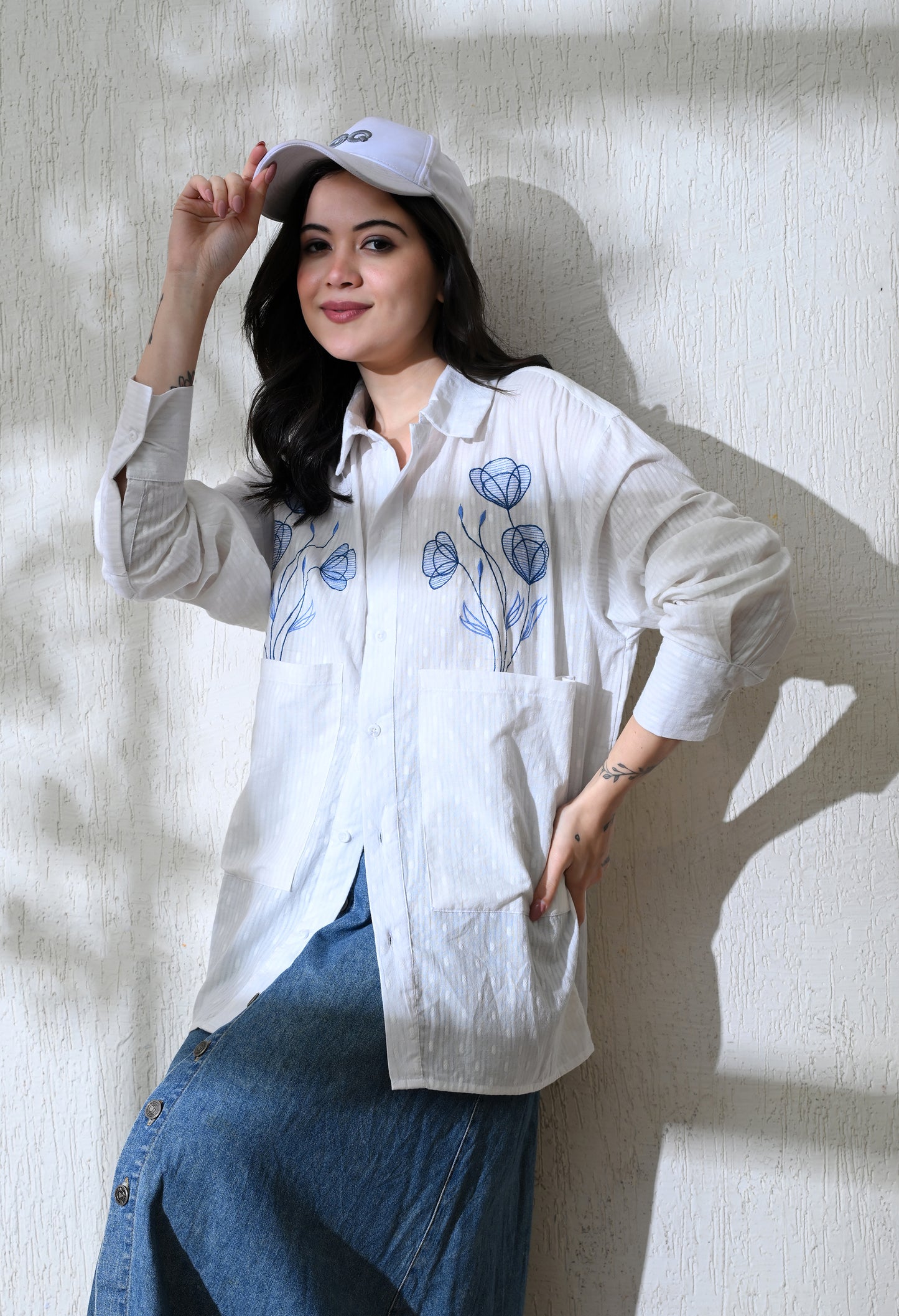White Blue Blossom Embroidered Shirt