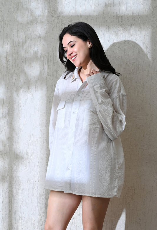 White Spring Bloom Embroidered Shirt