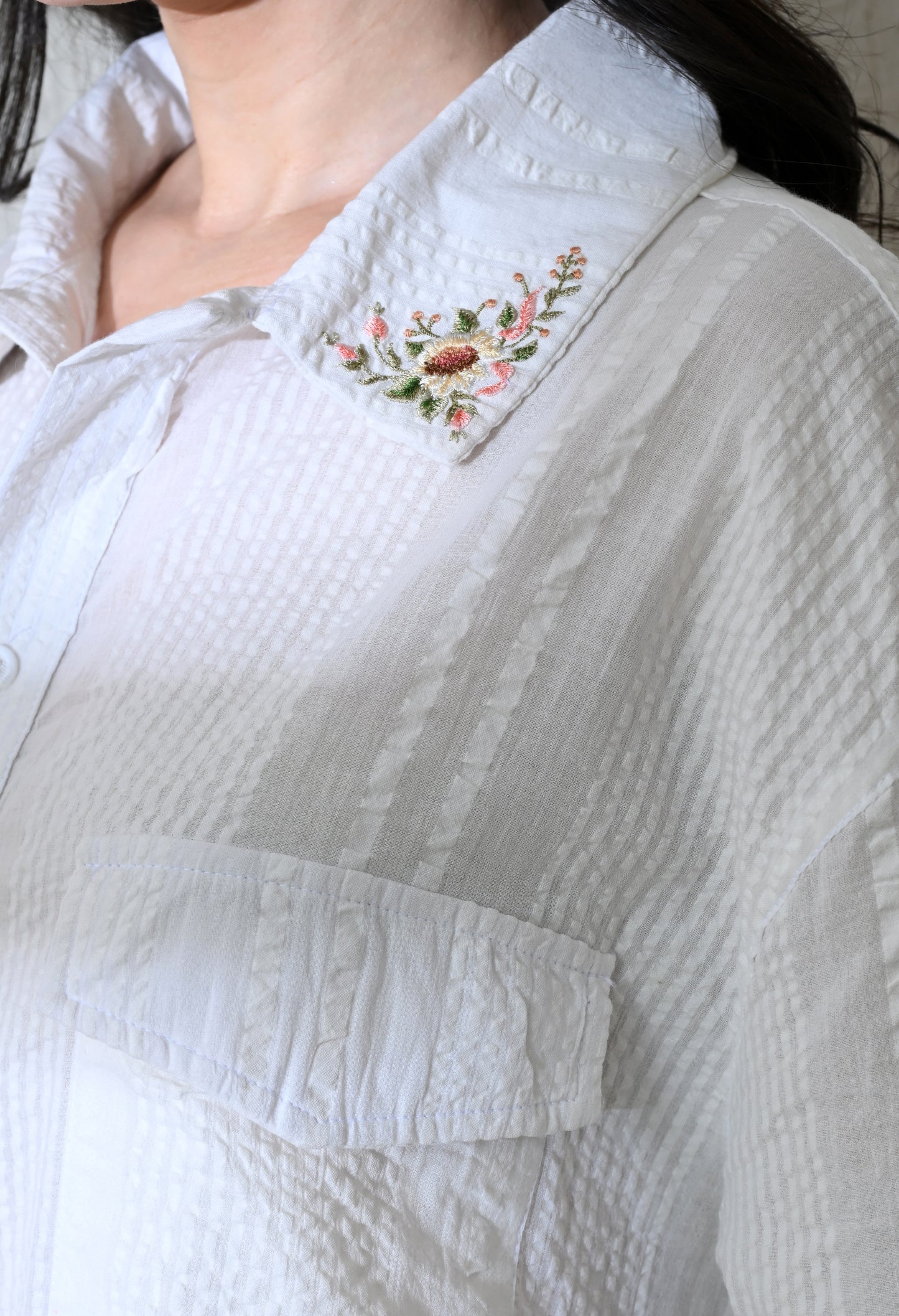 White Spring Bloom Embroidered Shirt