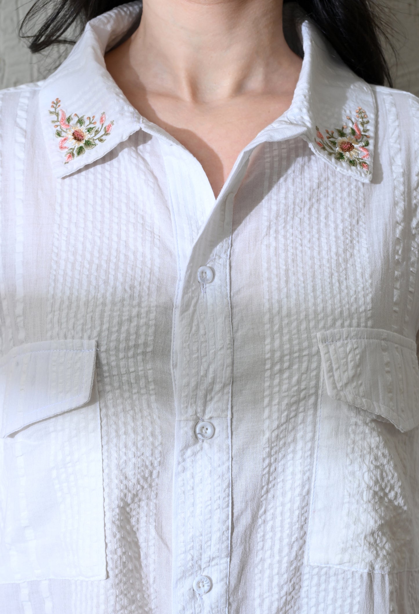 White Spring Bloom Embroidered Shirt