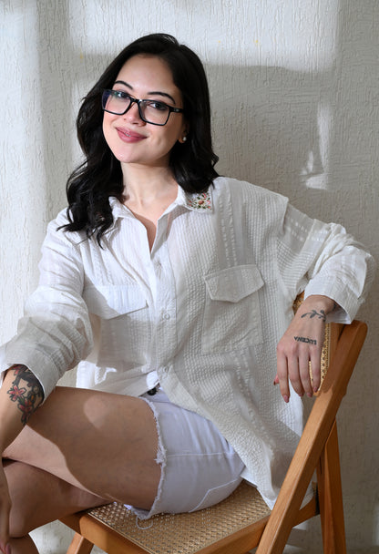 White Spring Bloom Embroidered Shirt