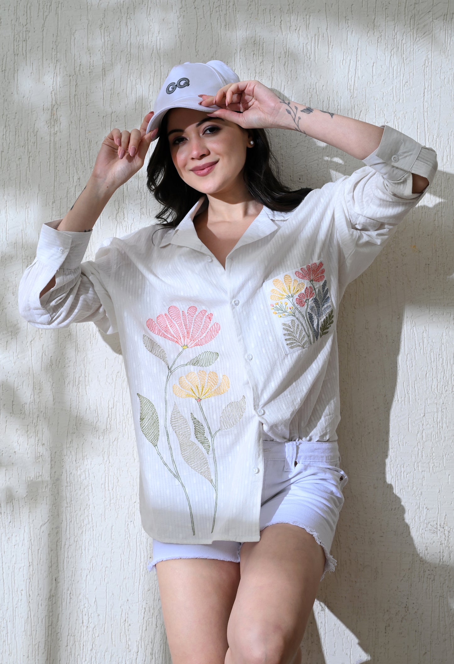 White Pocket Posy Embroidered Shirt