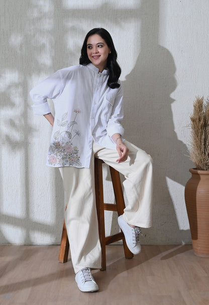 White Botanical Linen Embroidered Shirt