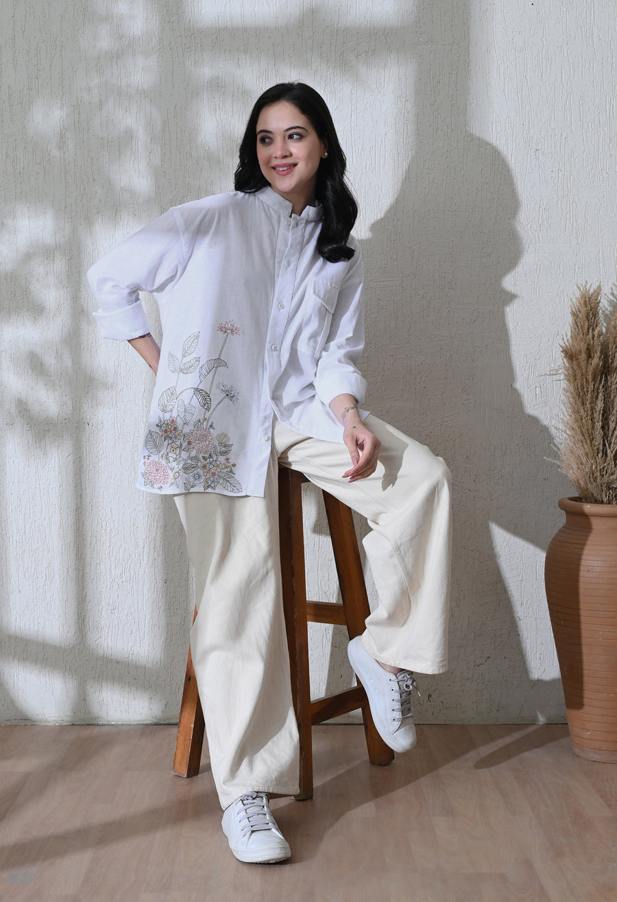 Women's Botanical Linen embroidered shirt in white – La Moon