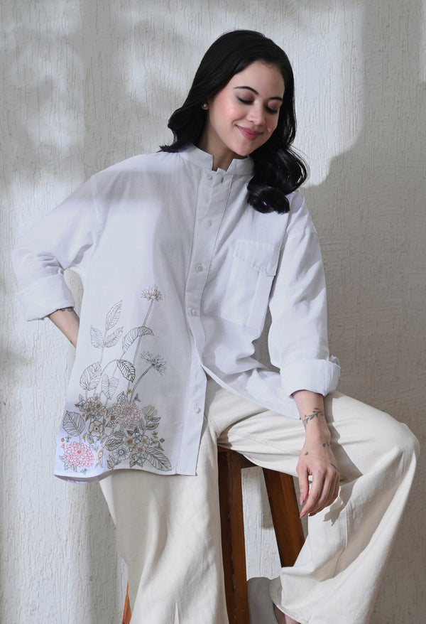 Women White Botanical Linen Embroidered Shirt