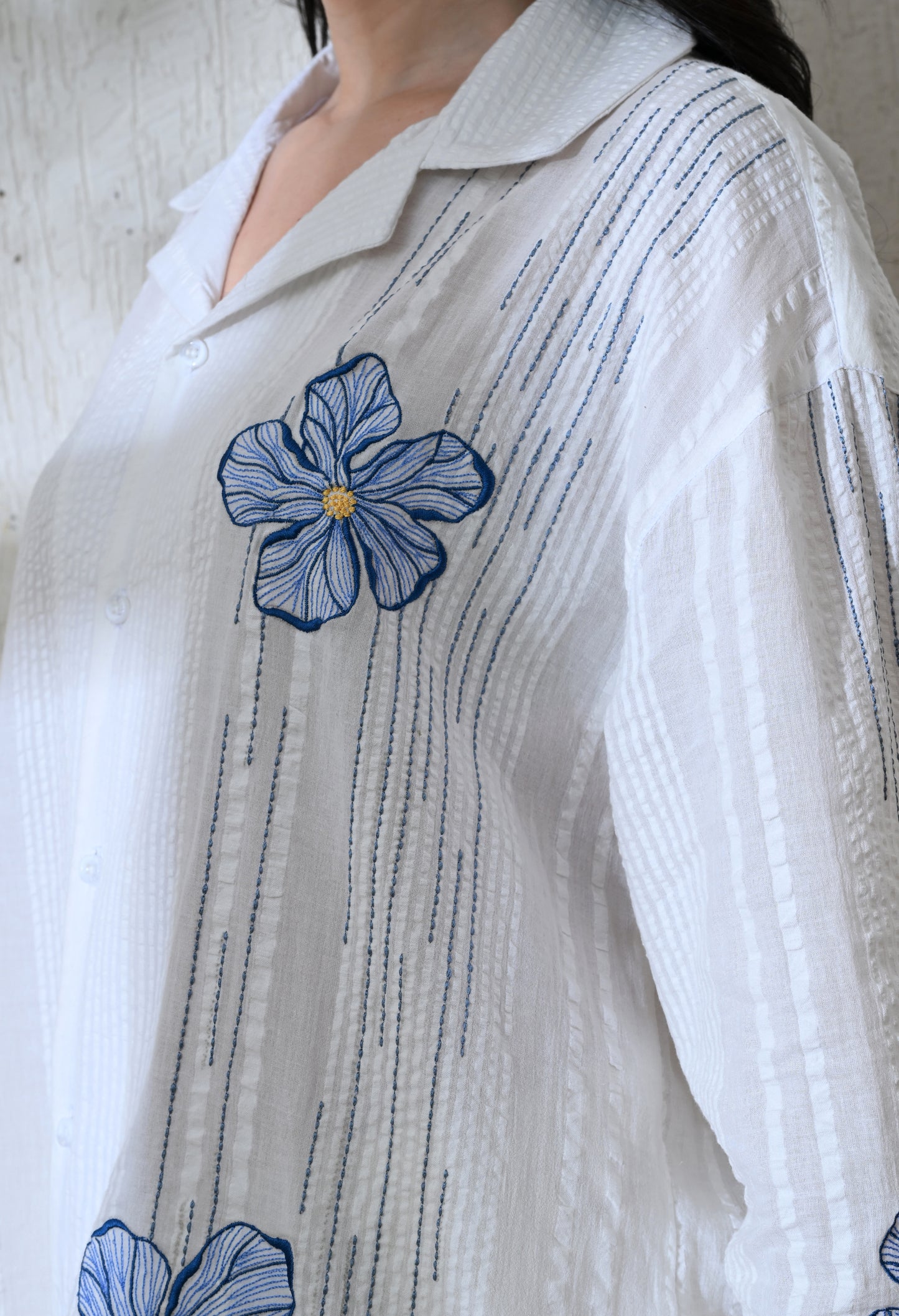 White Aqua Petals Embroidered Shirt