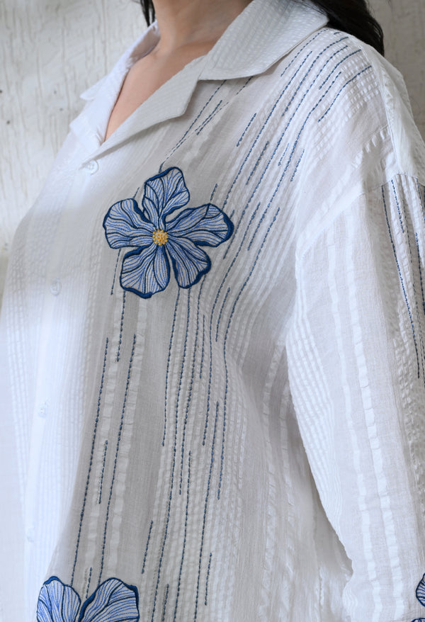 Women White Aqua Petals Embroidered Shirt alternate view