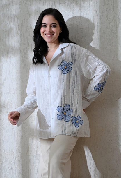 White Aqua Petals Embroidered Shirt