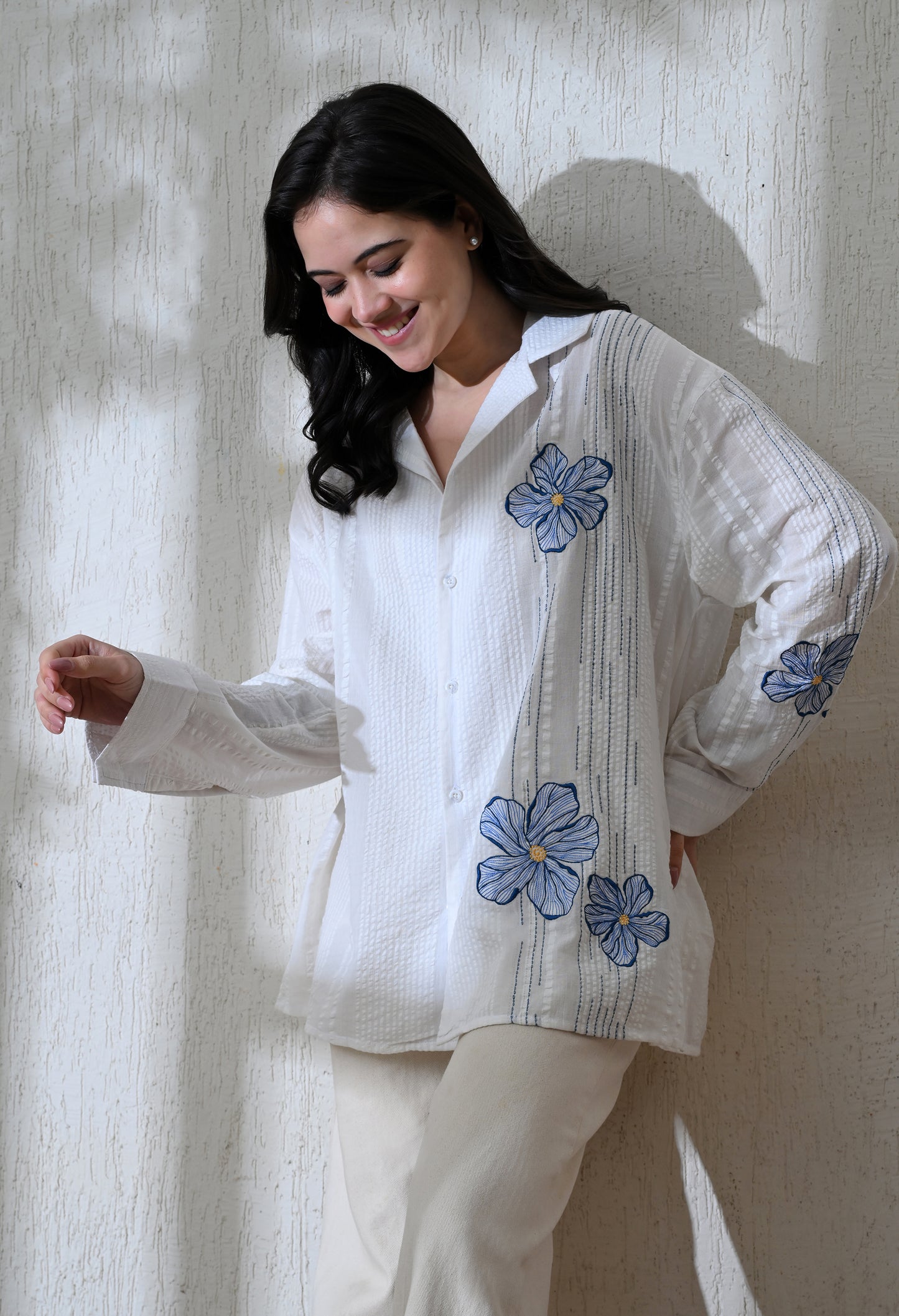 White Aqua Petals Embroidered Shirt