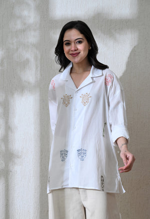 Women White Tribe Thread Embroidered Shirt
