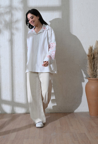 Women White Floral Parade Embroidered Shirt