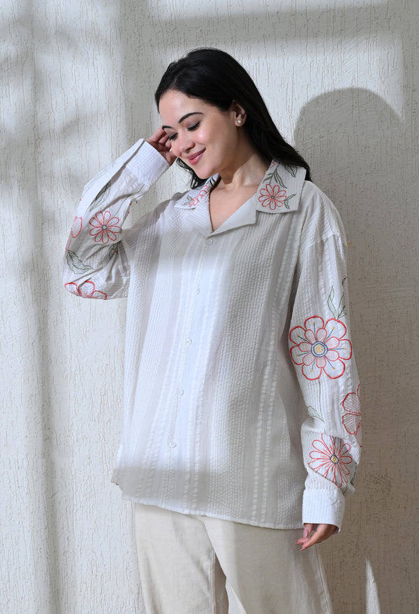 Women White Floral Parade Embroidered Shirt