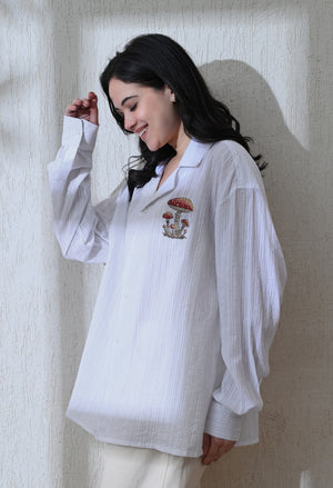 Women White Mushroom Tales Embroidered Shirt