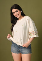 Women off white thunder leaves embroidered unisex tshirt