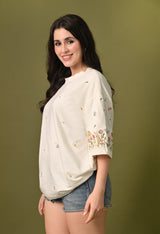 Women off white thunder leaves embroidered unisex tshirt