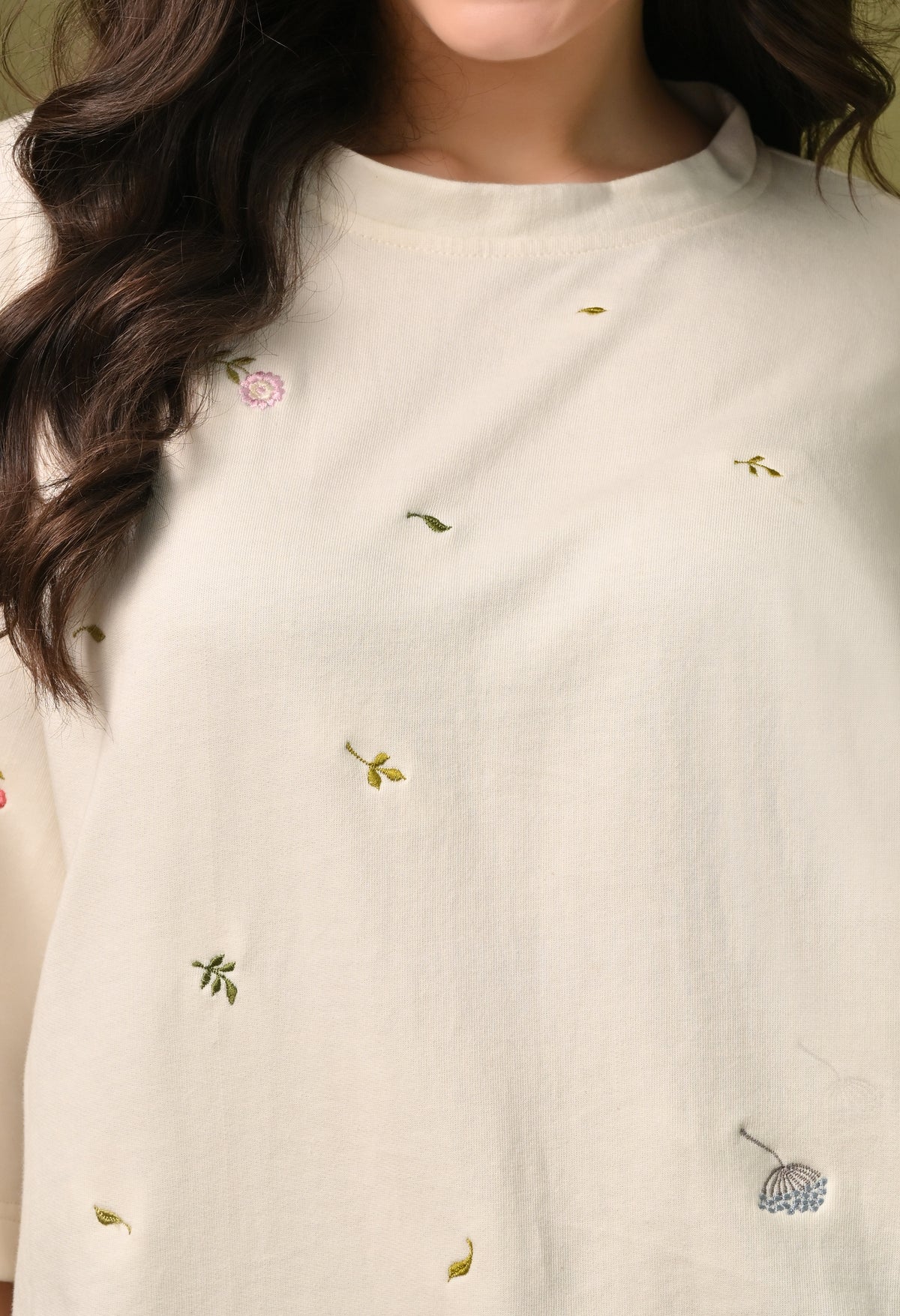 Women off white thunder leaves embroidered unisex tshirt